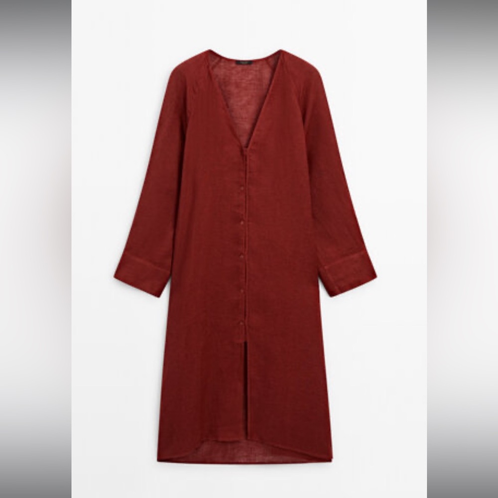 Massimo dutti Burgundy Linen Maxi Oversize Blouse dress XS